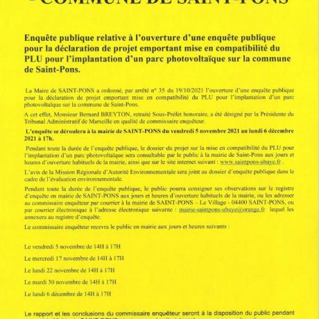 Avis d'enquête publique pour la mise en compatibilité du PLU pour l'implantation d'un parc photovoltaïque.