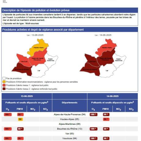 carte pollution atmosphère 13 et 14 juin